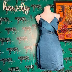 Lulus Brand Teal Faux Satin Spaghetti Strap Bodycon Mini Dress Size Small
